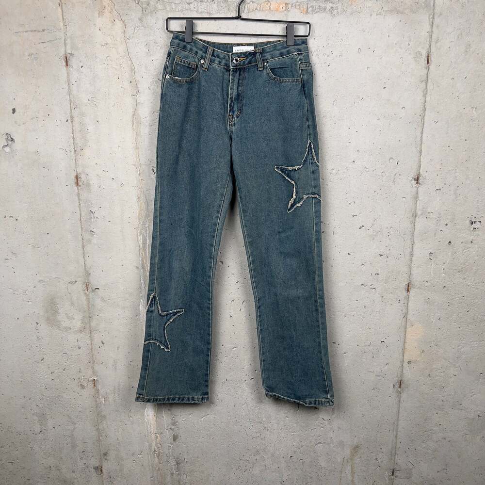 Angel Kiss Jeans Size 0/24 Womens Star Patch Low Rise Baggy Wash Blue Denim